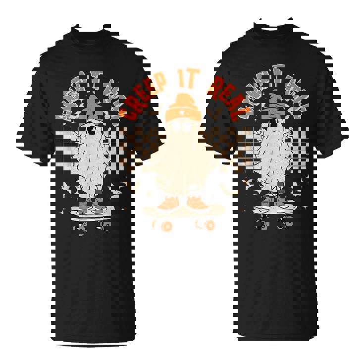 Creep It Real Ghost Skateboard Retro Halloween Skateboarding T-Shirt