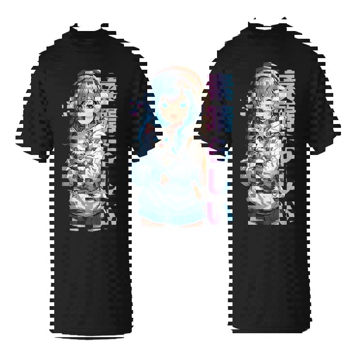 Cute Anime Girl With A Cat For Cat Lover Kawaii Otaku Manga T-Shirt