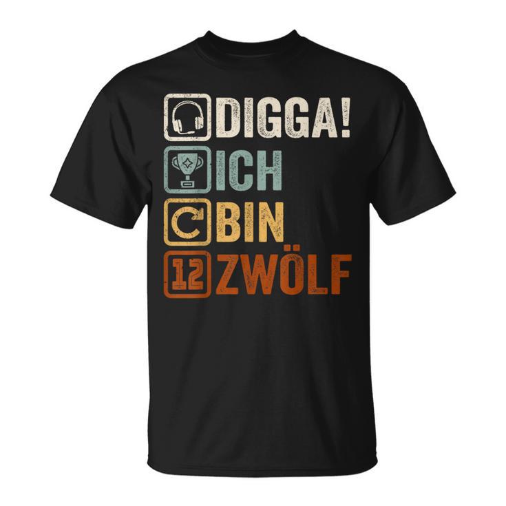 Digga Ich Bin 12 Zwölf Jahre 12Th Birthday Boy Gamer T-Shirt