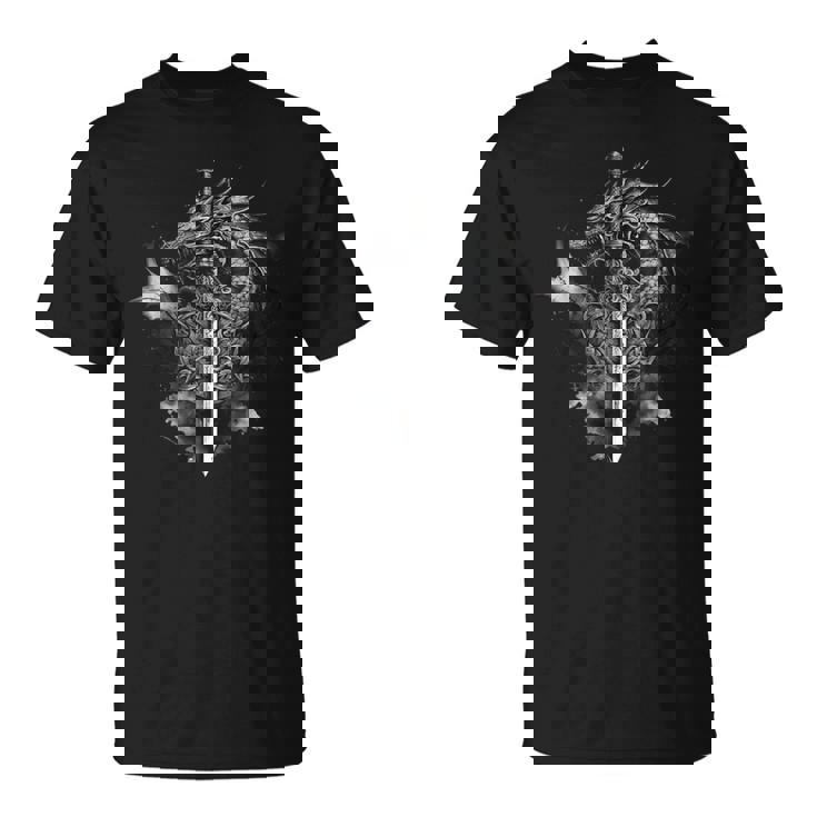 Dragón Espada Rosas Tatuaje Estilo Arte Medieval Fantasía Oscura Camiseta unisex