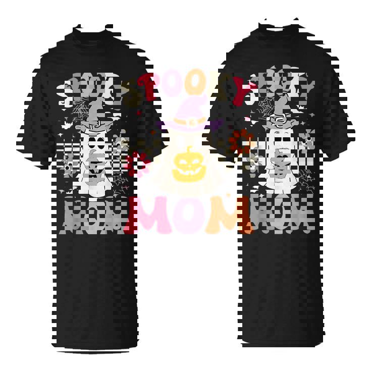 Groovy Spooky Mom Retro Ghost Holding Pumpkin Halloween T-Shirt