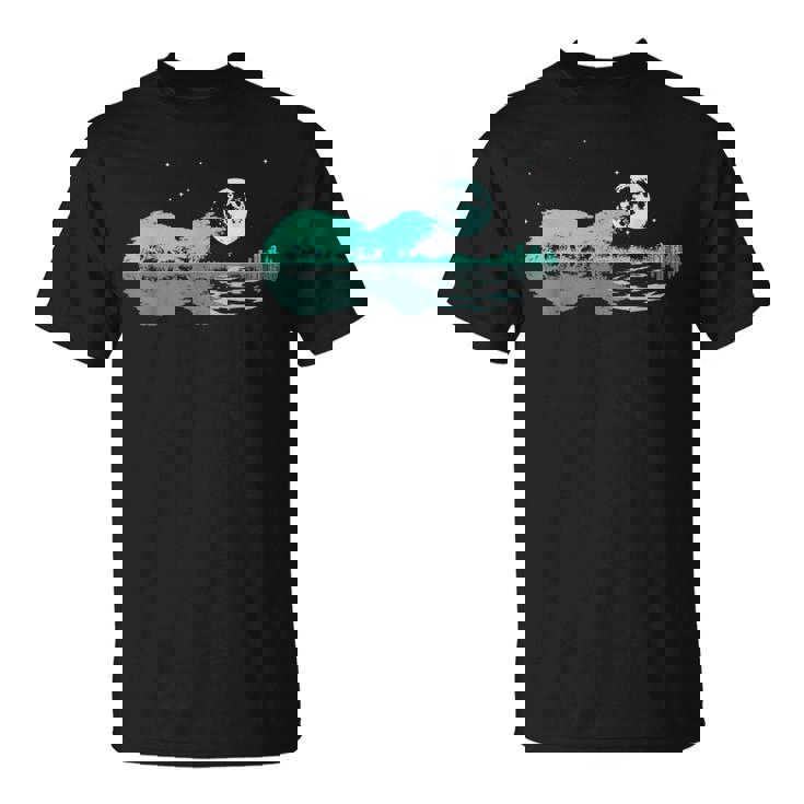 Noche Lago Guitarra Eléctrica Reflejos Amante De La Guitarra Camiseta unisex