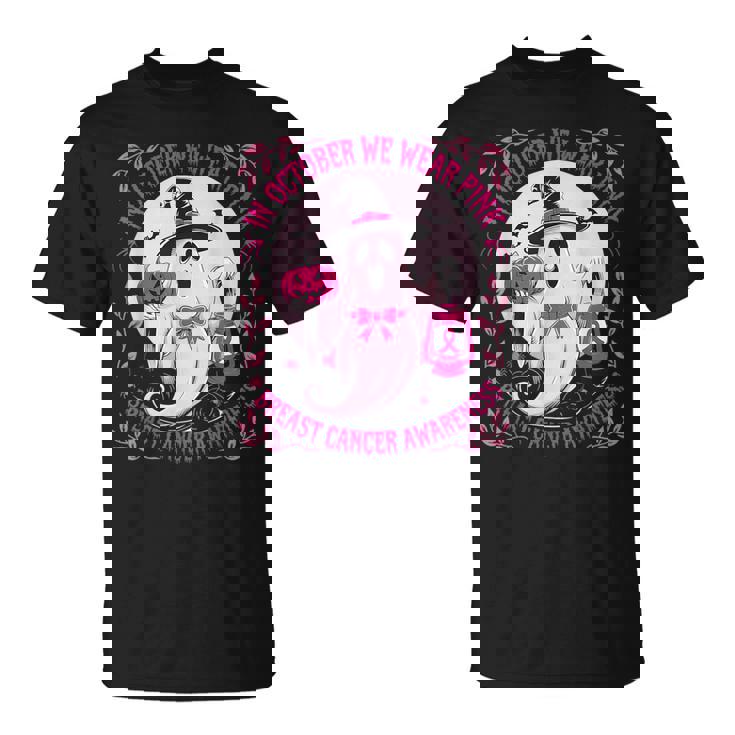 October We Wear Pink Ghost Halloween Pumpkins Breast Cancer T-Shirt