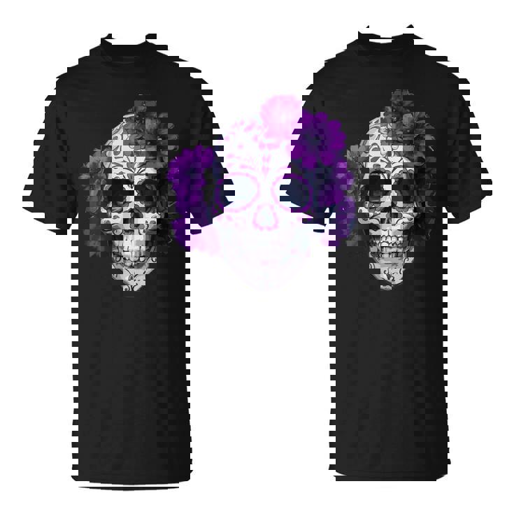 Purple Floral Black Sugar Skull Day Of The Dead T Shirt