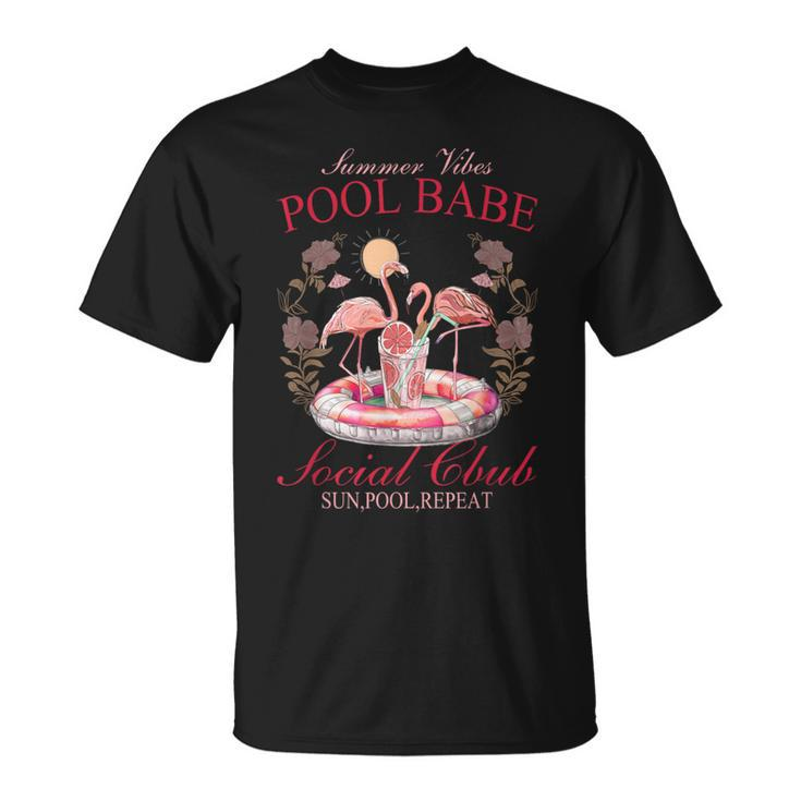 Summer Vibes Pool Babe Pink Flamingo Summer Vibes Beach T-Shirt