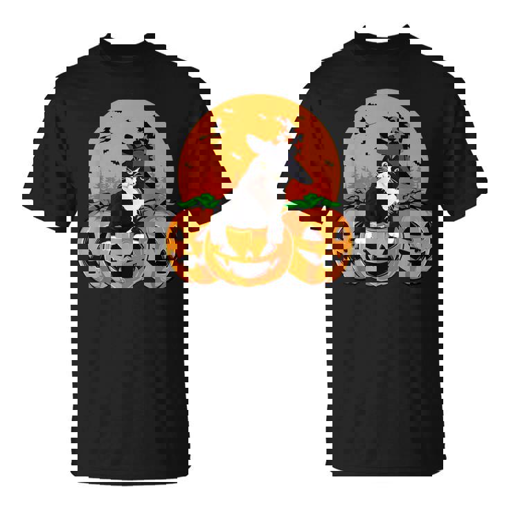 Tuxedo Cat Witch Hat Halloween Scary Jack O Lantern Pumpkins T-Shirt