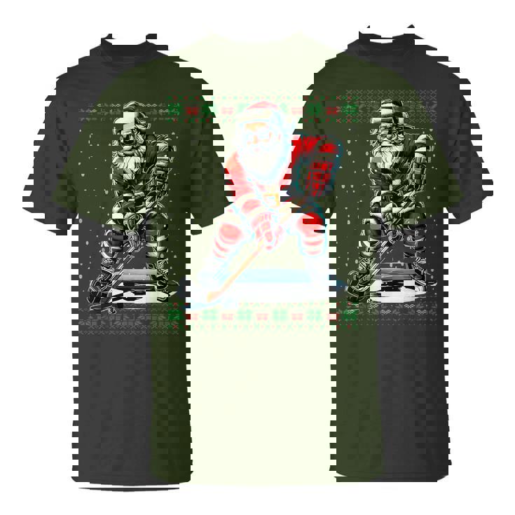 Santa Claus Playing Hockey Ugly Christmas Sweater T-Shirt