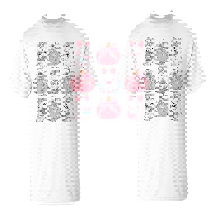 Cute Ghost Florals Pink Coquette Bows Pumpkin Halloween Girl T-Shirt