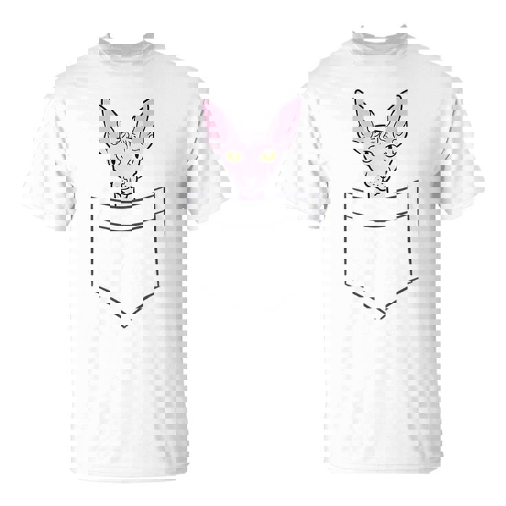 Divertido Gato Sphynx En El Bolsillo Lindo Bebé Sphynx Gato Camiseta unisex