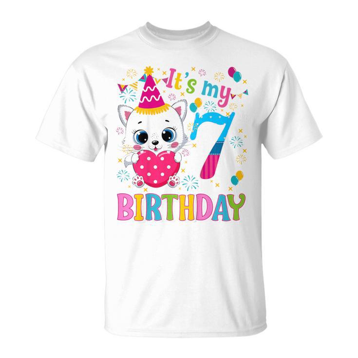 Kinder 7 Geburtstag Katze Mädchen Kätzchen Geburtstag Mädchen 7 Jahre Alt T-Shirt