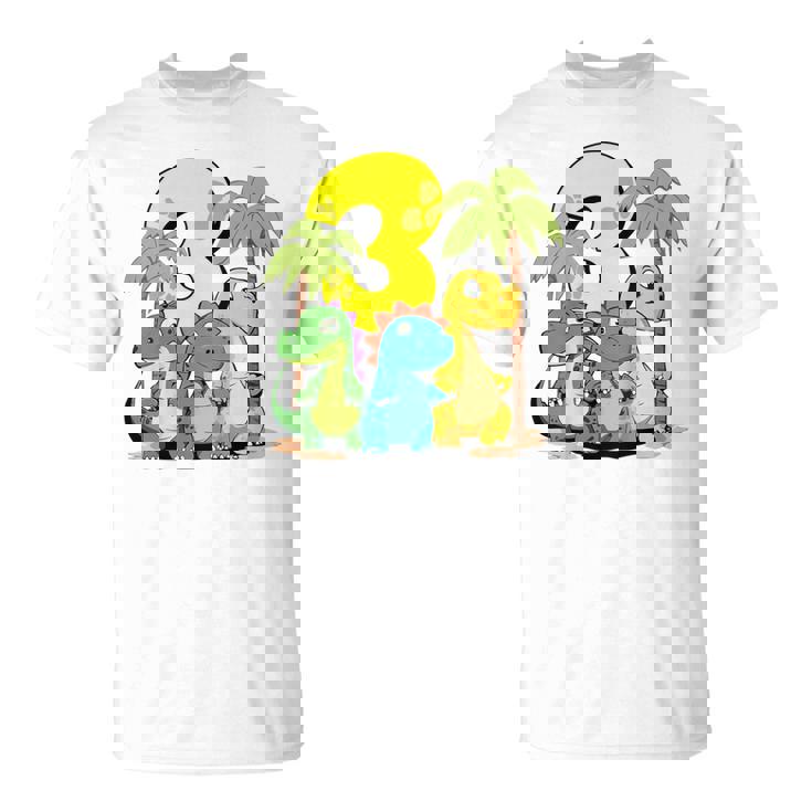 Niños Cute Dinosaurs I'm 3 Acción Dino Cumpleaños Camiseta unisex