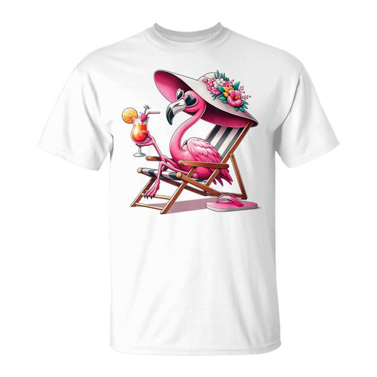 Pink Flamingos Summer Vibes Beach Palm Tree Summer Vacations T-Shirt
