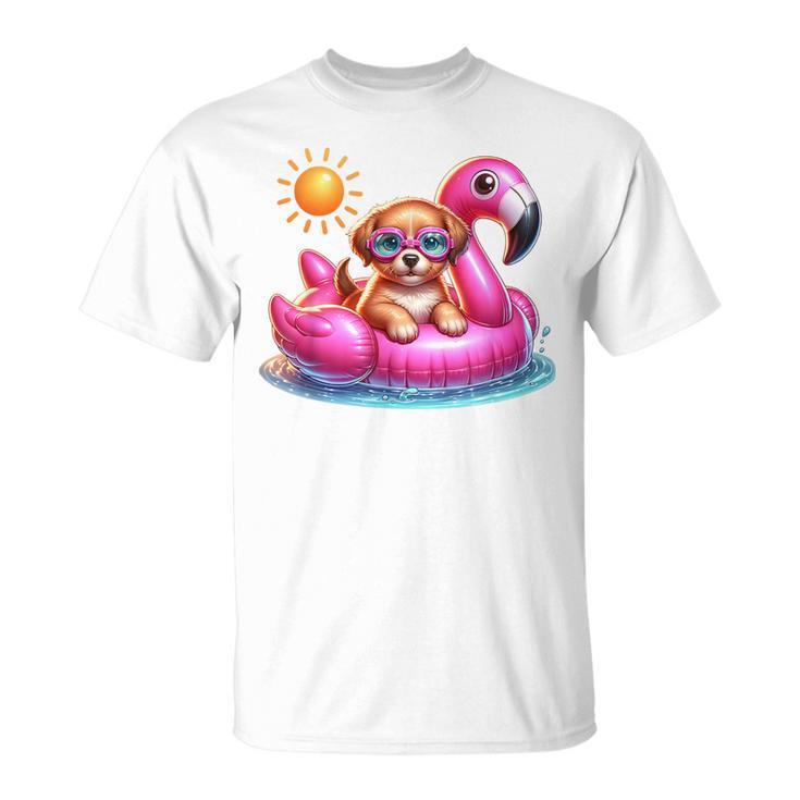 Puppy Dog Pink Flamingo Summer Vibes Beach Lover Cute Girls T-Shirt