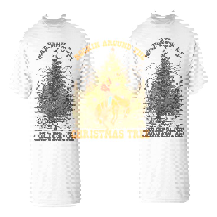Retro Rockin Around The Christmas Tree Bronco Cowboy Rodeo T-Shirt