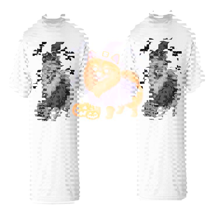 Scary Pumpkin Bat Witch Pomeranian Dog Halloween T-Shirt