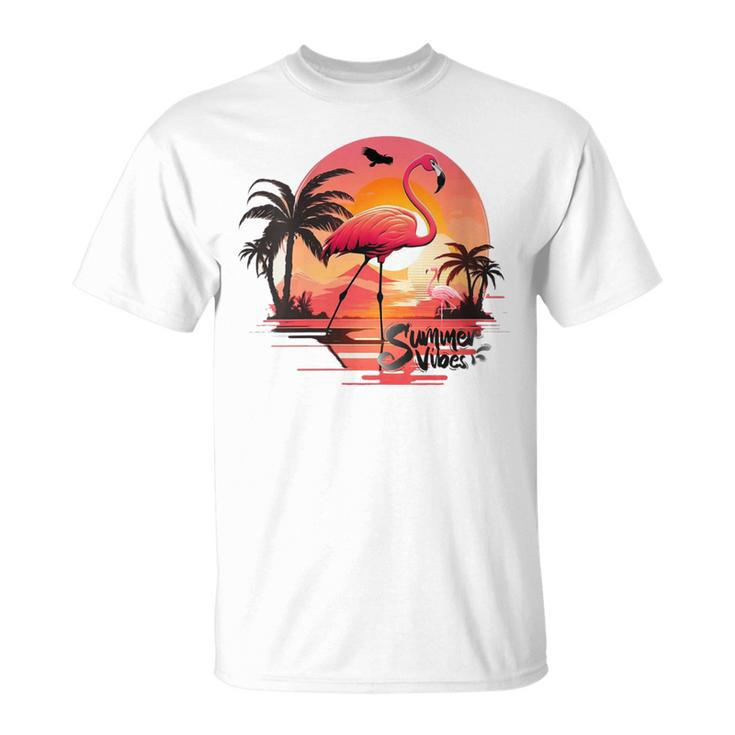 Summer Vibes Retro Groovy Summer Vibes Flamingo T-Shirt