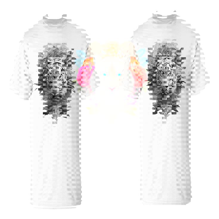 Tigre Flores Ojos Azules Animal Print Arte Tigre Camiseta unisex