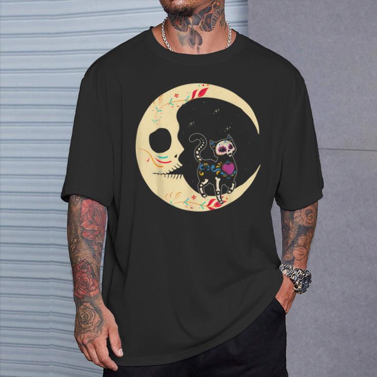 Dia De Los Muertos Cat & Moon Sugar Skull T-Shirt Geschenke für Ihn