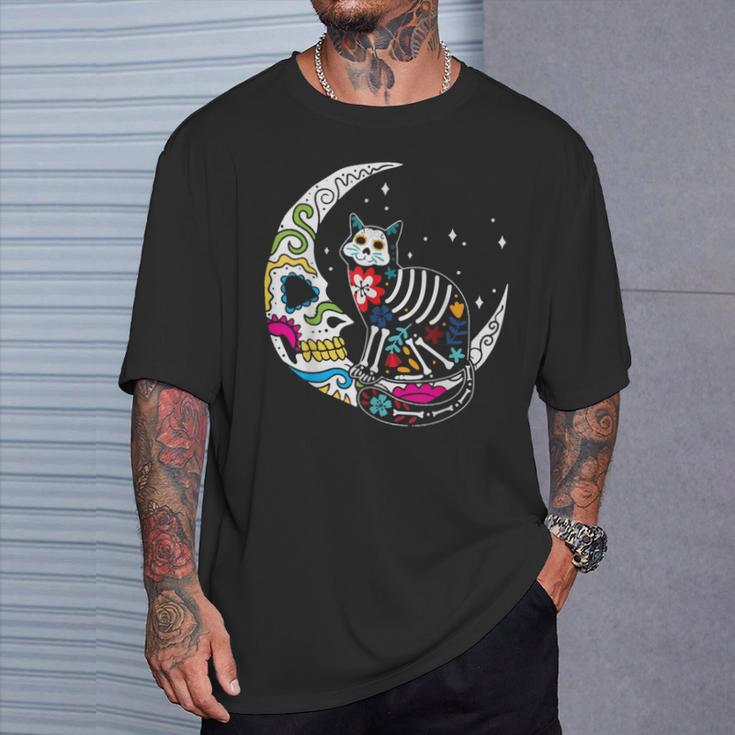 Dia De Los Muertos Cat Moon T-Shirt Geschenke für Ihn