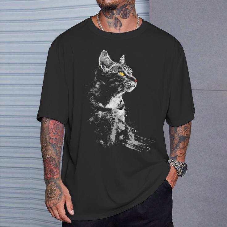 Katze Zeichnung Portrait Tierkunst Grafik Motiv Katze T-Shirt Geschenke für Ihn