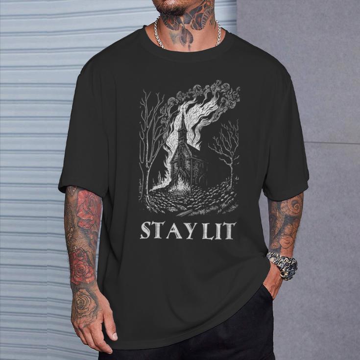 Okkult Atheist Burn Church Stay Lit Satan Devil Grunge T-Shirt Geschenke für Ihn