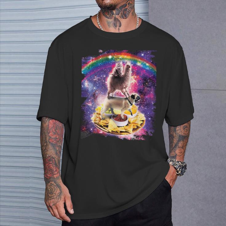 Space Cat Lama Pug Riding Nachos T-Shirt Geschenke für Ihn