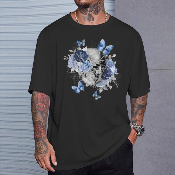 Totenkopf Und Schmetterlinge Mit Blumenschädel Und Schmetterlingen T-Shirt Geschenke für Ihn