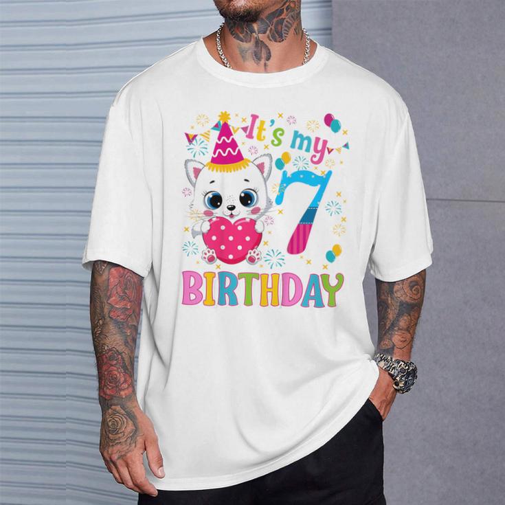 Kinder 7 Geburtstag Katze Mädchen Kätzchen Geburtstag Mädchen 7 Jahre Alt T-Shirt Geschenke für Ihn