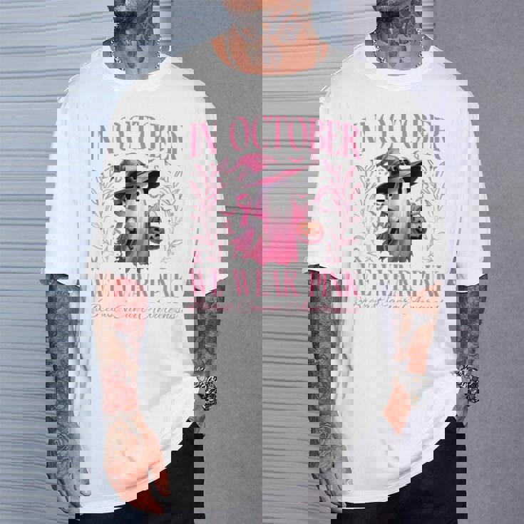 In October We Wear Pink Witch Ghost Pumpkin Breast Cancer T-Shirt Gifts for Him
