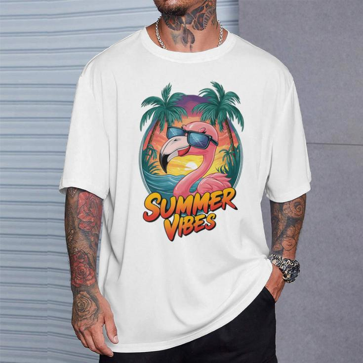 Summer Vibes Flamingo Beach Sunset Tropical T-Shirt Gifts for Him