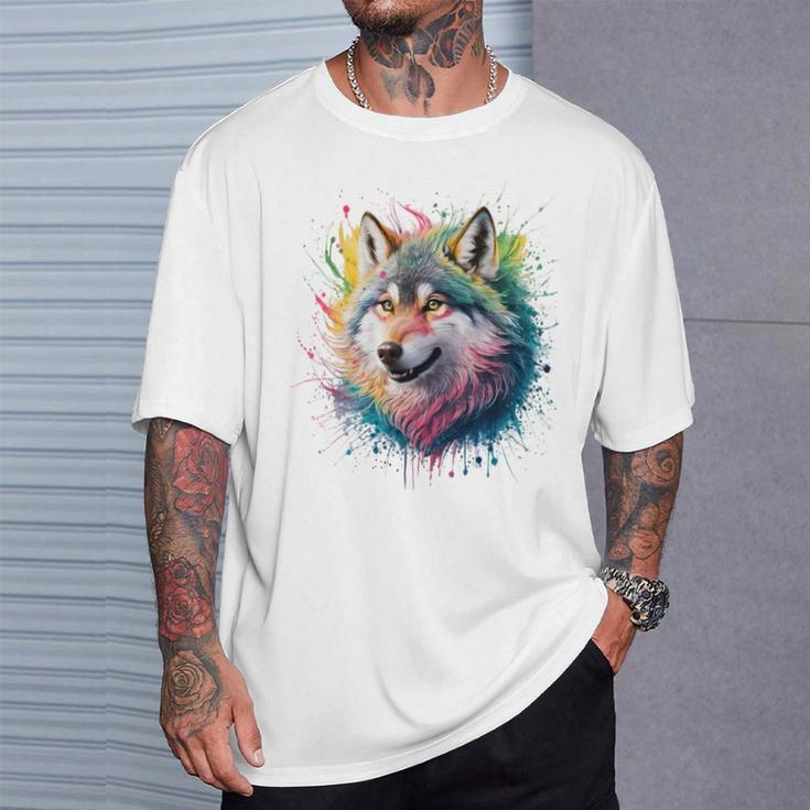 Wolf Herren Damen Bunt Aquarell Wolf T-Shirt Geschenke für Ihn