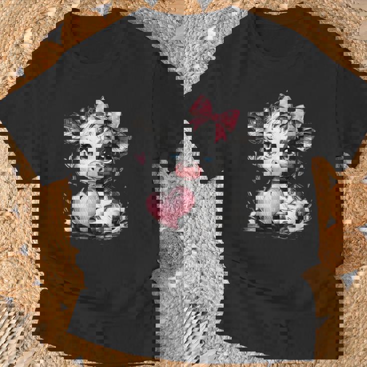 Awesome Black & White Cow Holding Heart Pink Coquette Bow T-Shirt Gifts for Old Men