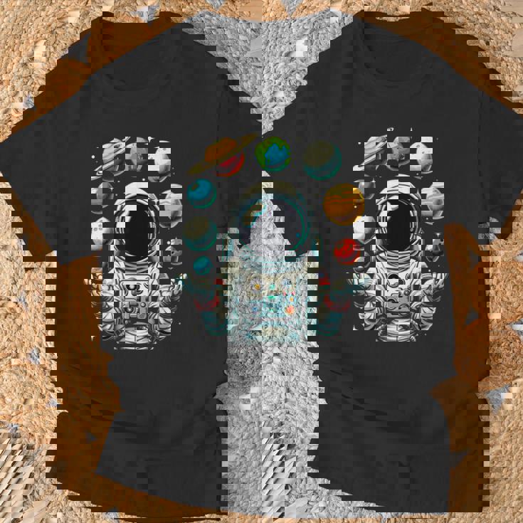 Divertido Astronauta Espacial Malabares Sistema Solar Planetas Niños Camiseta unisex Regalos para ancianos