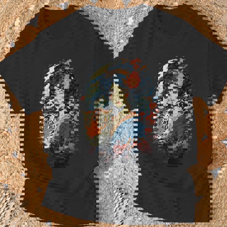 Geisha Japonesa Y Tigre Con El Monte Fuji Y La Pagoda En Camiseta unisex Regalos para ancianos