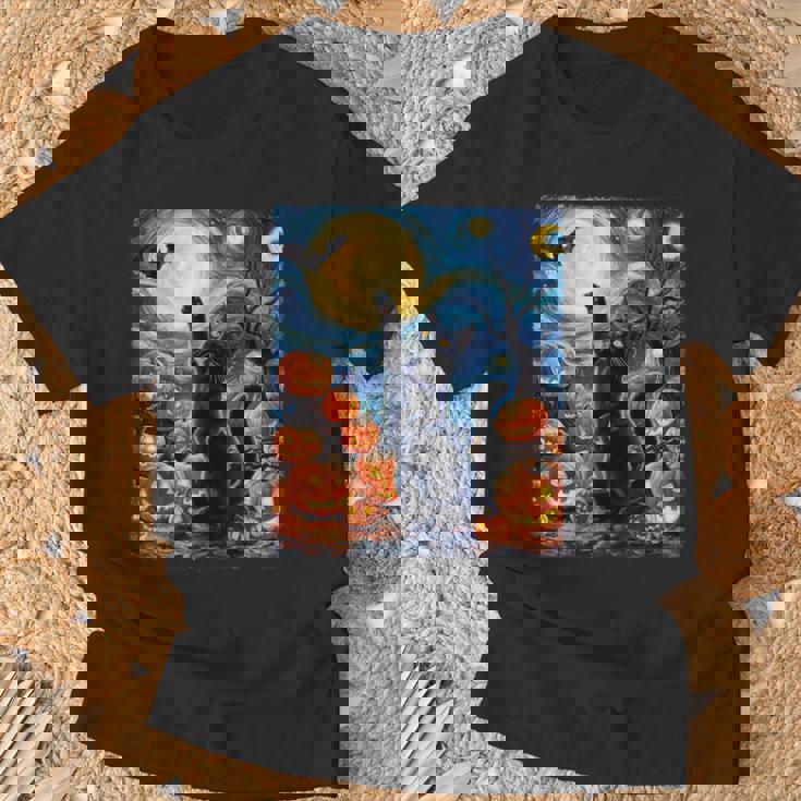 Halloween Cat Van Gogh Starry Night Pumpkin Women T-Shirt Gifts for Old Men
