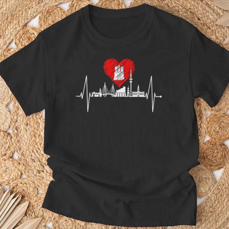 Hamburg Skyline Heartbeat Hamburger Hafen Heart Fan T-Shirt Geschenke für alte Männer