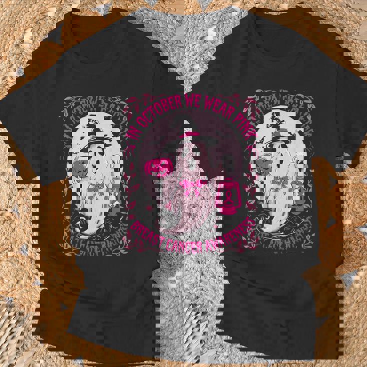 October We Wear Pink Ghost Halloween Pumpkins Breast Cancer T-Shirt Gifts for Old Men