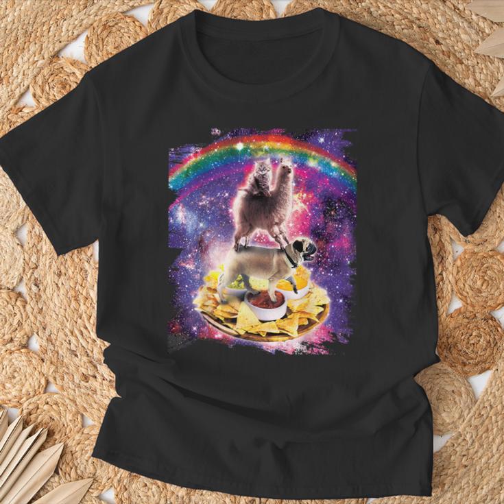 Space Cat Lama Pug Riding Nachos T-Shirt Geschenke für alte Männer