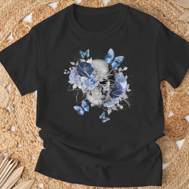 Totenkopf Und Schmetterlinge Mit Blumenschädel Und Schmetterlingen T-Shirt Geschenke für alte Männer