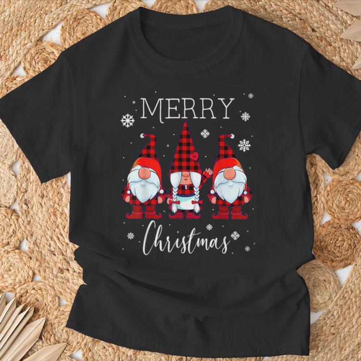 T-Shirt Femme Joyeux Noël Avec 3 Gnomes à Carreaux Buffalo - Col En V - Cadeau Thème Noël Nordique