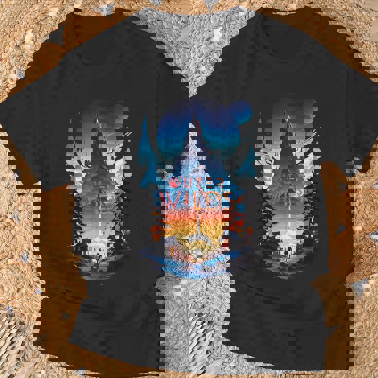Vintage Outer Wilds Testo Luna Montagna Foresta Albero Casa Sole Maglietta Regalos para ancianos