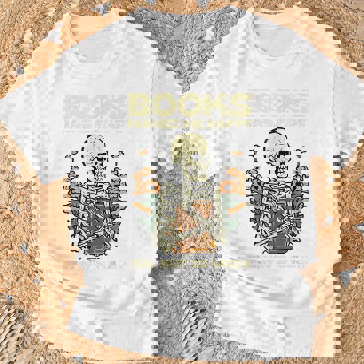 Books Make Me Happy Skeleton Read Reading Librarian Book T-Shirt Gifts for Old Men