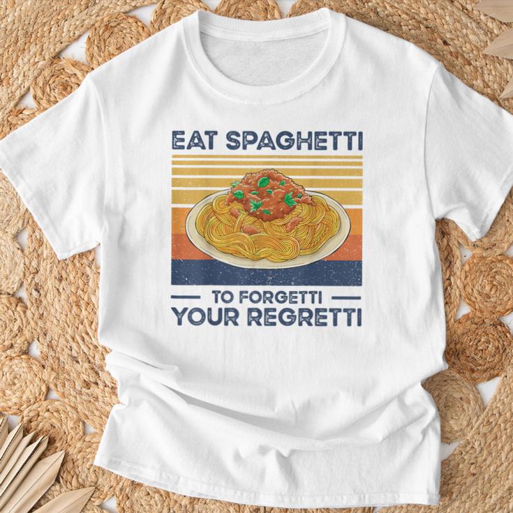 Divertido Comer Espaguetis Para Olvidar Su Regretti Amante De La Pasta Camiseta unisex Regalos para ancianos