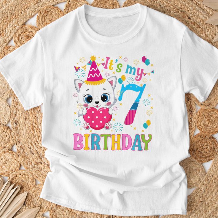 Kinder 7 Geburtstag Katze Mädchen Kätzchen Geburtstag Mädchen 7 Jahre Alt T-Shirt Geschenke für alte Männer