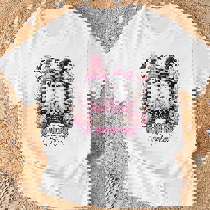 In October We Wear Pink Ghost Witch Breast Cancer Awareness T-Shirt Gifts for Old Men