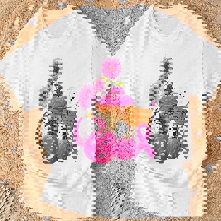 In October We Wear Pink Ghosts & Pumpkins For Breast Cancer T-Shirt Gifts for Old Men