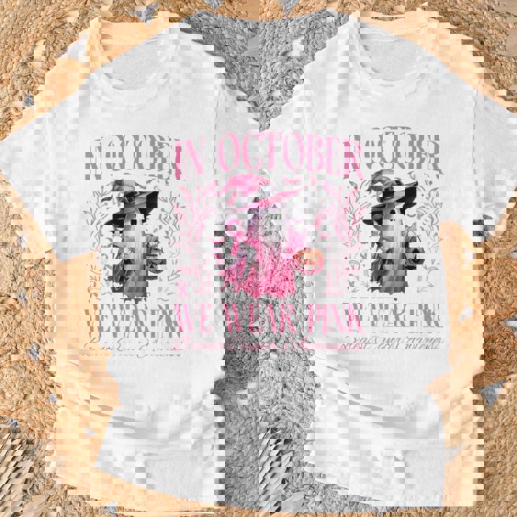 In October We Wear Pink Witch Ghost Pumpkin Breast Cancer T-Shirt Gifts for Old Men