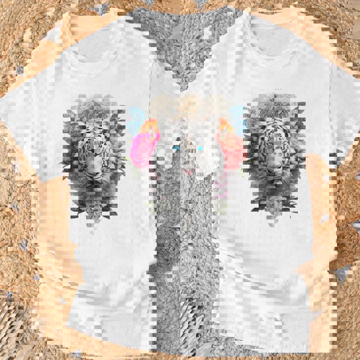 Tigre Flores Ojos Azules Animal Print Arte Tigre Camiseta unisex Regalos para ancianos