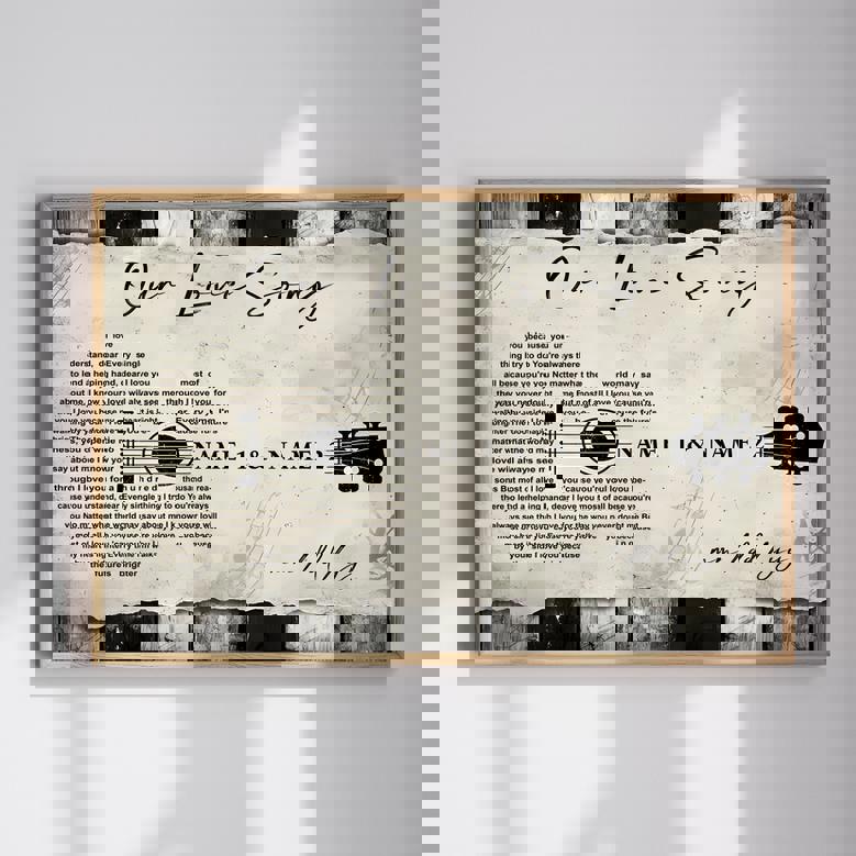 Personalized guitar-shaped canvas with custom song lyrics, rustic wood background, portrait; anniversary gift for music lovers