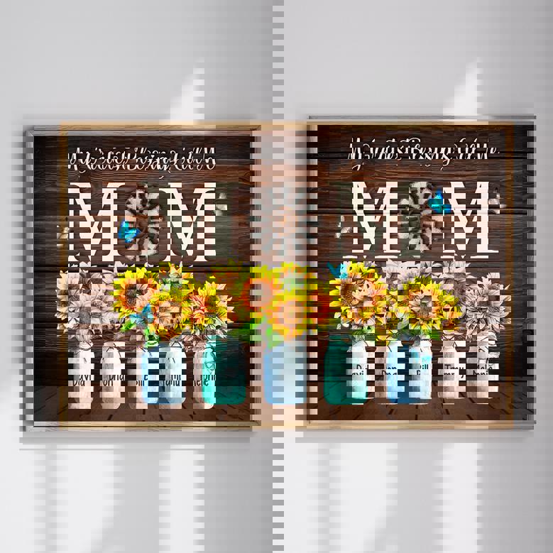 Mom canvas wall art with sunflowers, My Greatest Blessings Call Me Mom, personalized names and dates, rustic farmhouse